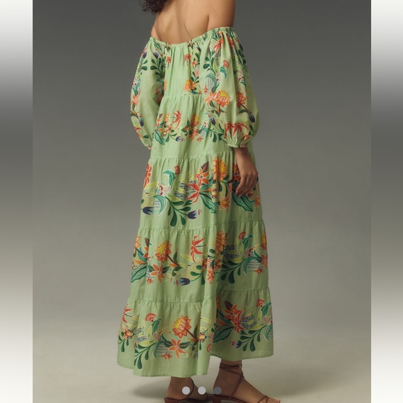NWT Farm Rio X Anthropologie Green Off Shoulder Tiered Floral Midi Maxi Dress XS - Picture 3 of 3